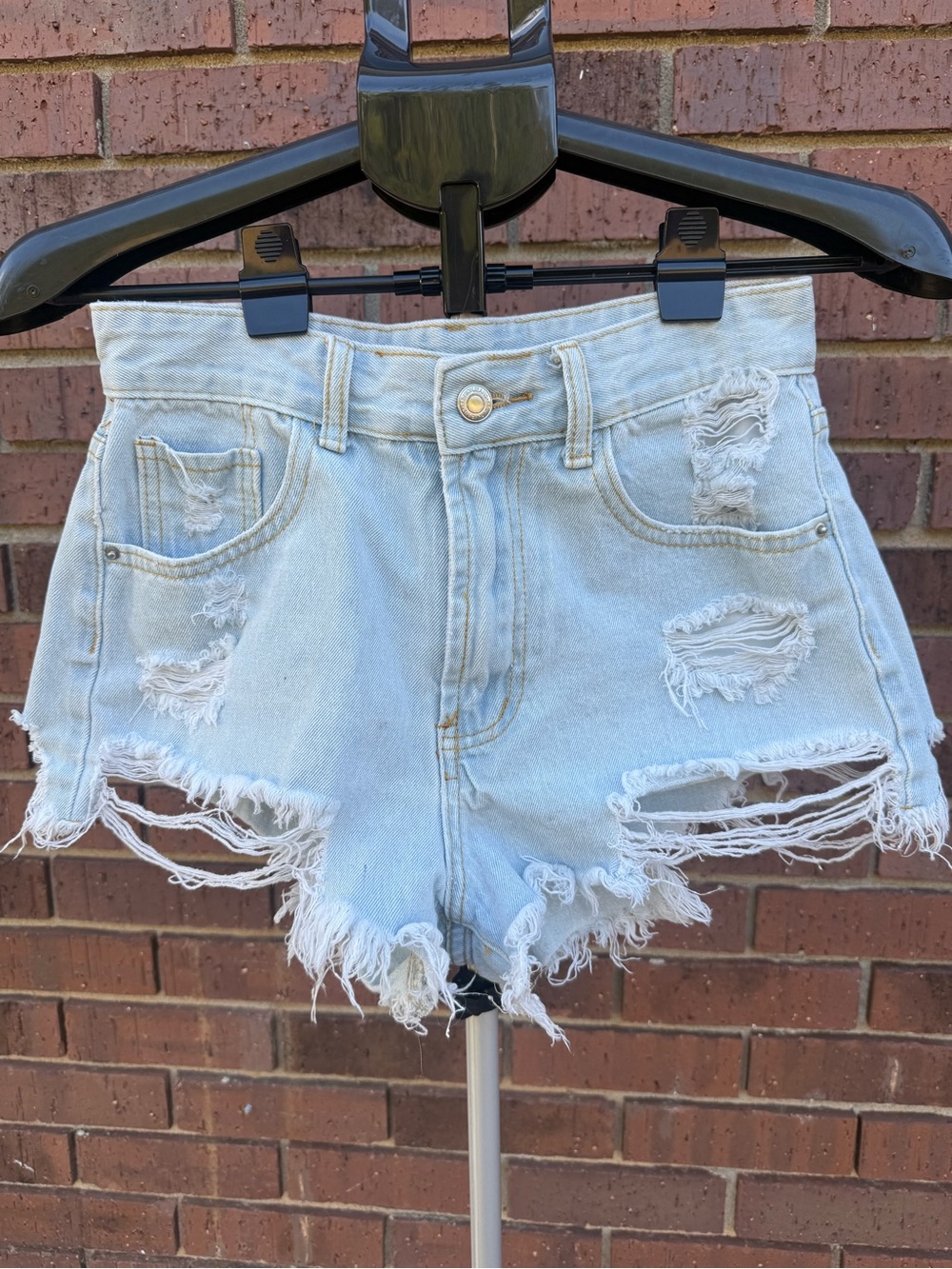 SHEIN Light Wash Distressed Denim Cut Off Shorts High Waisted Cheeky Size 28 GUC